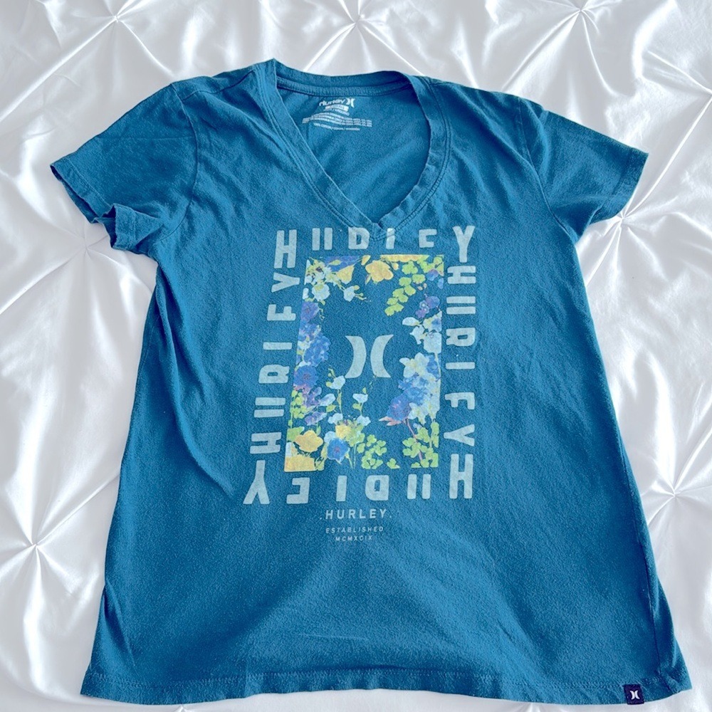 Hurley 100% Cotton Teal Floral Short Sleeve Surfer Beach Tee Shirt Womens XS EUC
